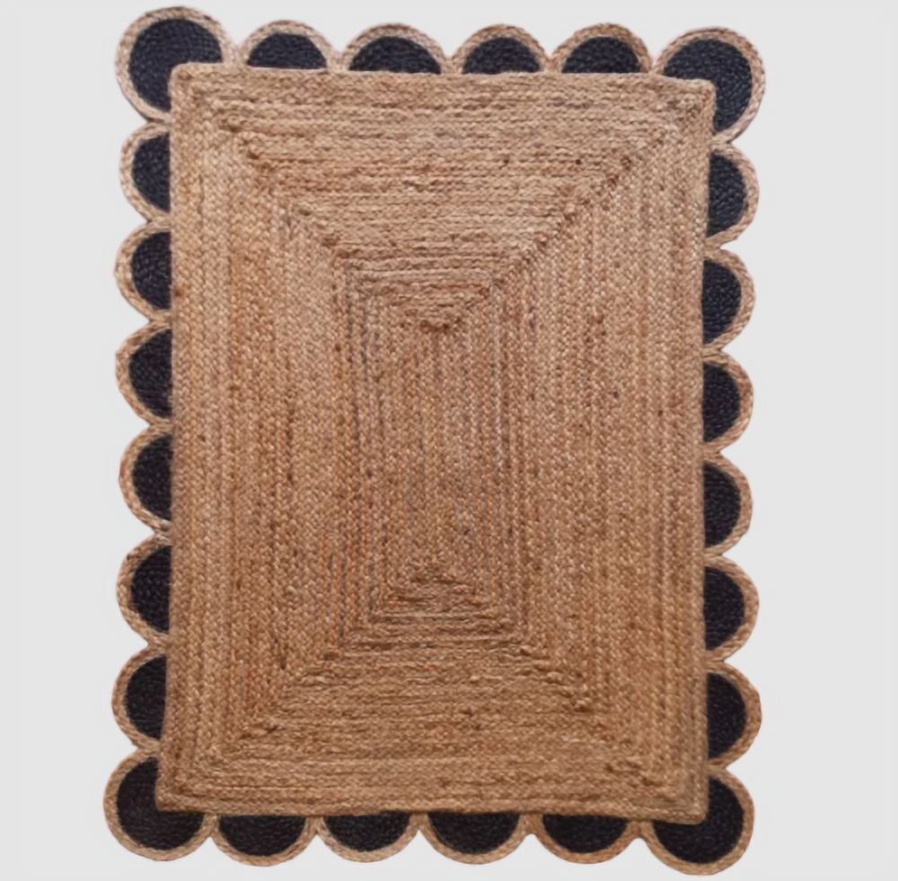 10 x 10 Feet Square ( 300 cm x 300 cm ) Natural Jute with Black Scalloped Area Rugs , Home Decor Rugs
