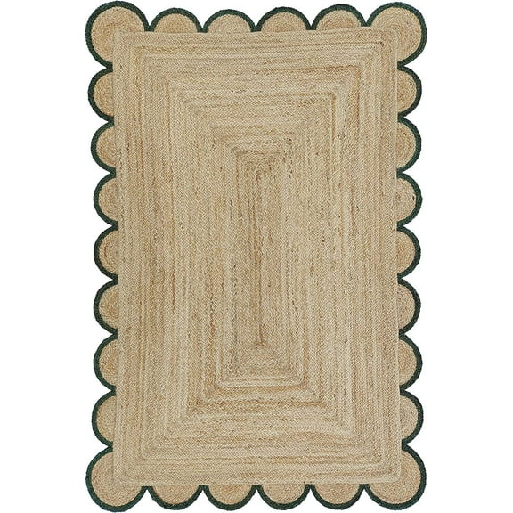 10 x 10 Feet Square ( 300 cm x 300 cm ) Natural Jute with Green Scalloped Area Rugs , Home Decor Rugs