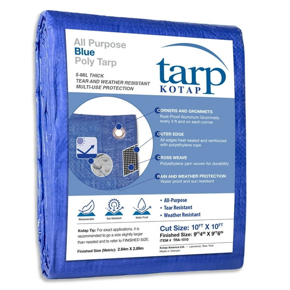 KOTAP 10 x 10 Ft. All-Purpose Protection/Coverage 5-mil Poly Tarp, Waterproof, Blue, TRA-1010