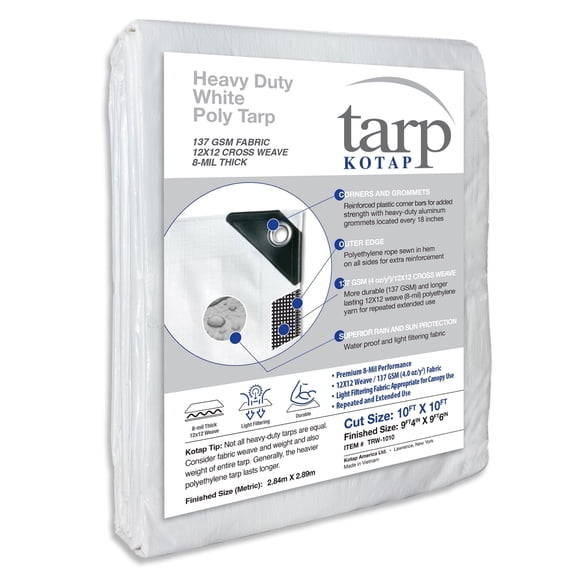 KOTAP 10 x 10 Ft. Heavy-Duty Protection/Coverage Tarp, Superior Weave, 8-mil, Multi-Use, Waterproof, White, TRW-1010