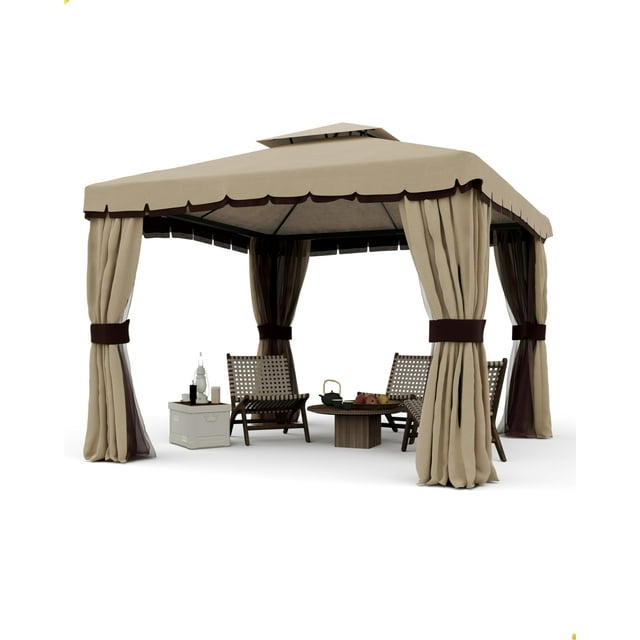 10 x 10 Ft Outdoor Patio Gazebo, Double Roof Pop Up Gazebo with Netting and Shade Curtains Waterproof Sunshade for Backyard, Deck, Garden (Khaki)