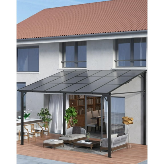 10’ x 10’ Gazebo, Wall Mounted Gazebos Pergola, Aluminum Frame, Outdoor Patio Lean to Gazebo Awnings for Deck, Porch, Backyard and More