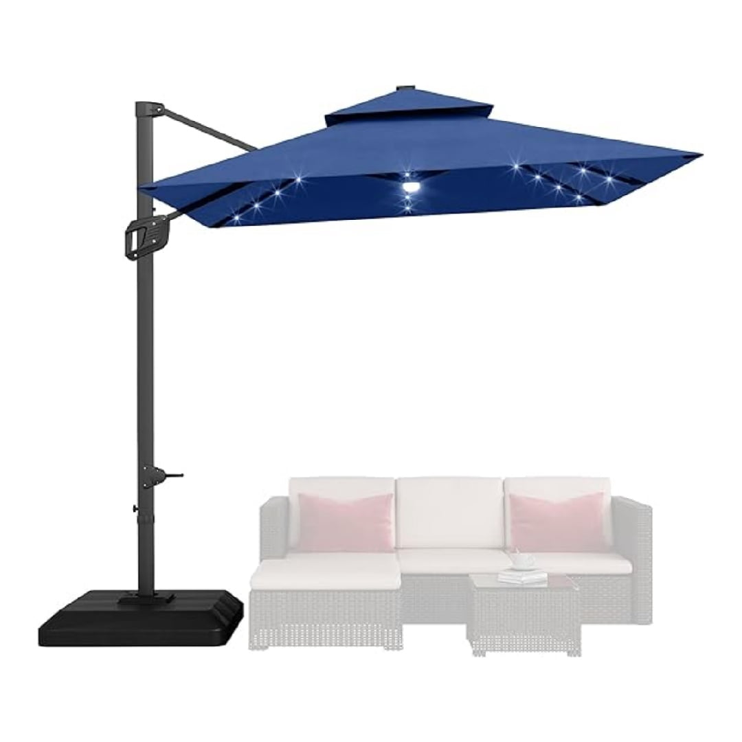 10' x 10' Heavy Duty Cantilever Patio Umbrella with LED Lights & Weighted Base, Square Aluminum Offset Umbrella 360-Degree Rotation for Outdoor Decor, Backyard, Deck, Pool