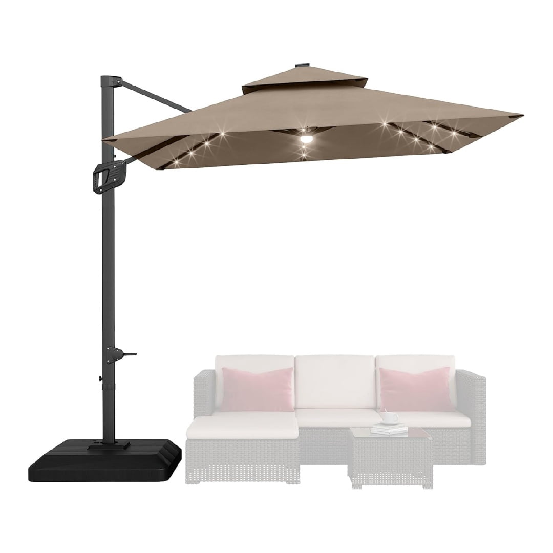 10' x 10' Heavy Duty Cantilever Patio Umbrella with LED Lights & Weighted Base, Square Aluminum Offset Umbrella 360-Degree Rotation for Outdoor Decor, Backyard, Deck, Pool