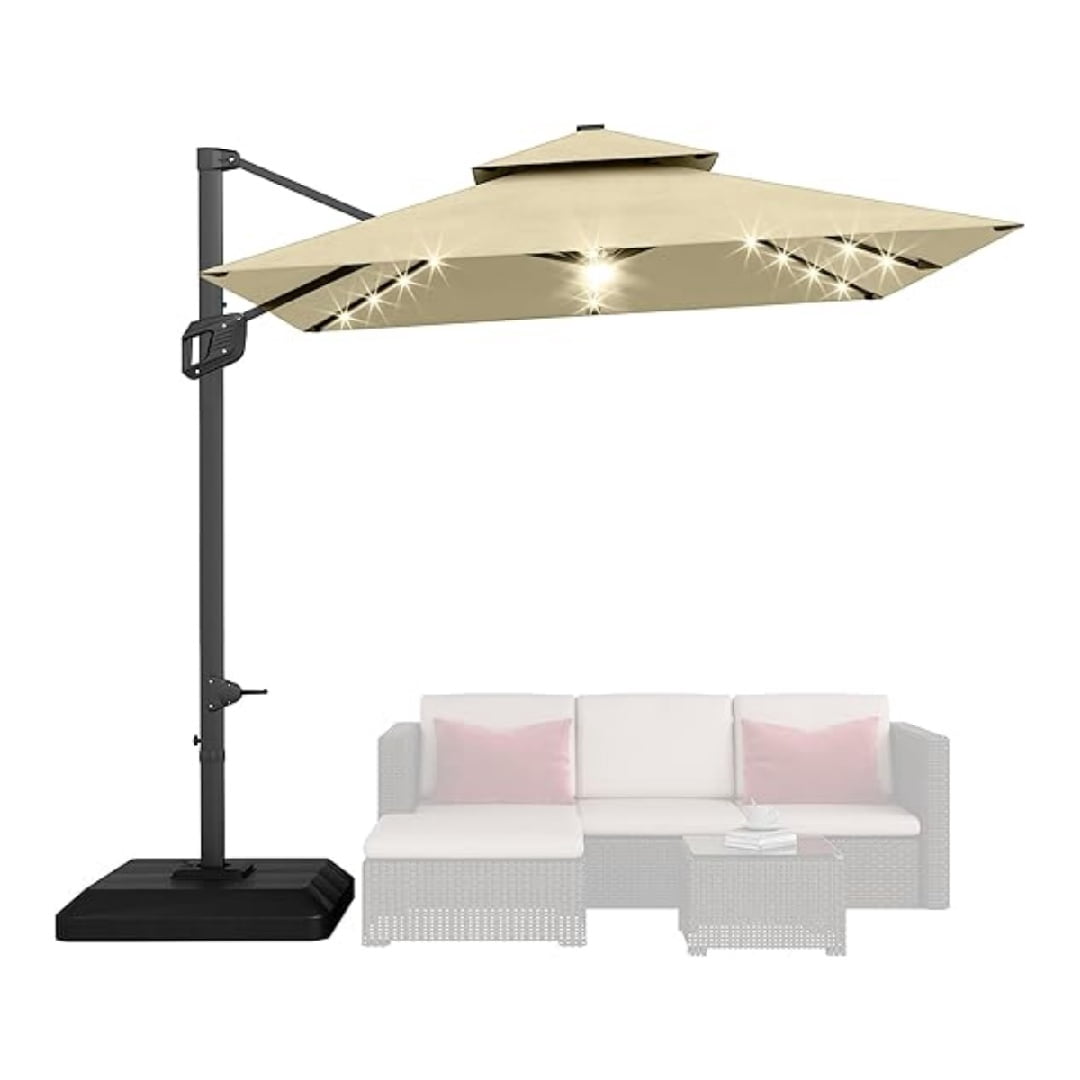 10' x 10' Heavy Duty Cantilever Patio Umbrella with LED Lights & Weighted Base, Square Aluminum Offset Umbrella 360-Degree Rotation for Outdoor Decor, Backyard, Deck, Pool