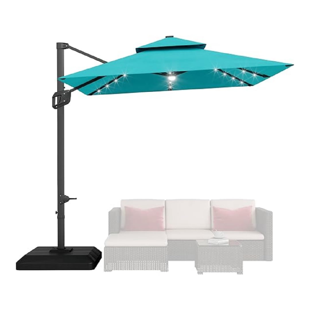 10' x 10' Heavy Duty Cantilever Patio Umbrella with LED Lights & Weighted Base, Square Aluminum Offset Umbrella 360-Degree Rotation for Outdoor Decor, Backyard, Deck, Pool