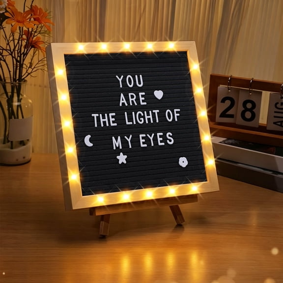 10 x 10 Inch Changeable Felt Letter Board with LED Lights, Message Custom Sign Poster Board with Wooden Stand and Letters for Christmas Classroom Wall Gift, Batteries Not Included(Black)