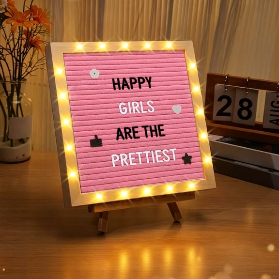 10 x 10 Inch Changeable Felt Letter Board with LED Lights, Message Custom Sign Poster Board with Wooden Stand and Letters for Christmas Classroom Wall Gift, Batteries Not Included(Pink)