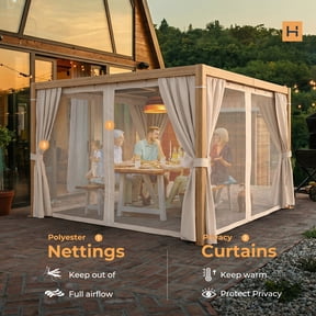 10'x10' Louvered Pergola, Aluminum Frame, with Adjustable proof, Curtains and Netting, for Patio