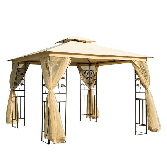 10' x 10' Metal Patio Gazebo, Double Roof Outdoor Gazebo Canopy Shelter with Tree Motifs Corner Frame and Netting, for Garden, Lawn, Backyard, and Deck, Beige