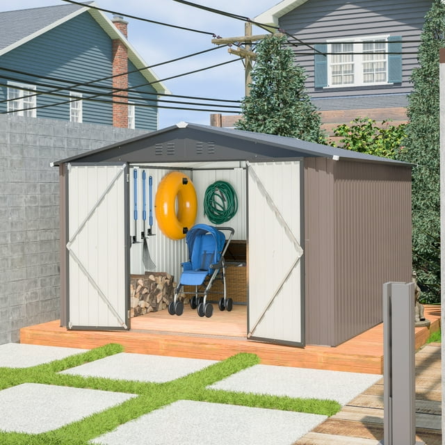 Unbranded 10' x 10' Metal Storage Shed with Durable Steel Design & Lockable Doors, 79 in x 122 in x 118 in, Brown, 2 Pack