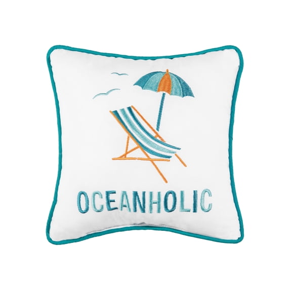 "Oceanholic" Beach Chair & Umbrella Embroidered Mini Cotton Blend Accent Pillow 10" x 10"