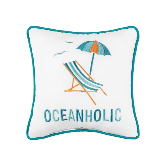 "Oceanholic" Beach Chair & Umbrella Embroidered Mini Cotton Blend Accent Pillow 10" x 10"