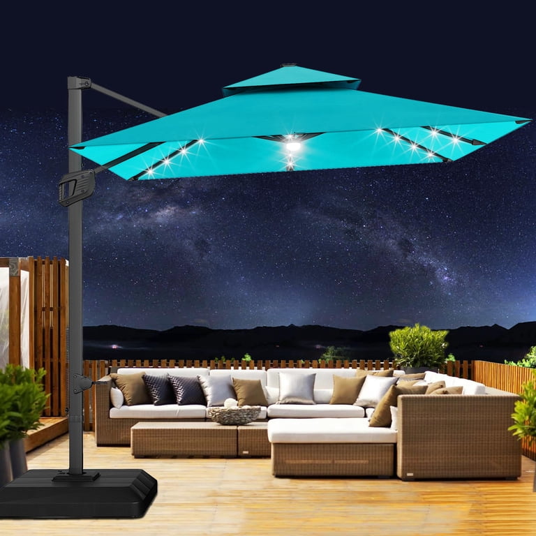 aluminum cantilever solar led offset patio umbrella HOMSHADE 10FT with Base Included, Beige Brown powder coated metal frame + 8 reinforced metal ribs Premium Sun Canopy Slickblue Solar LED Cantilever Patio