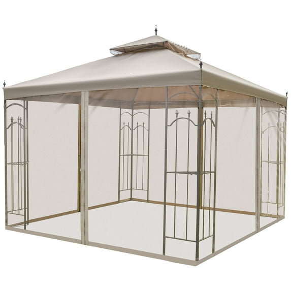 10' x 10' Patio Gazebo with Corner Frame Shelves, Double Roof Outdoor Gazebo Canopy Shelter with Netting, for Patio, Wedding, Catering & Events, Brown