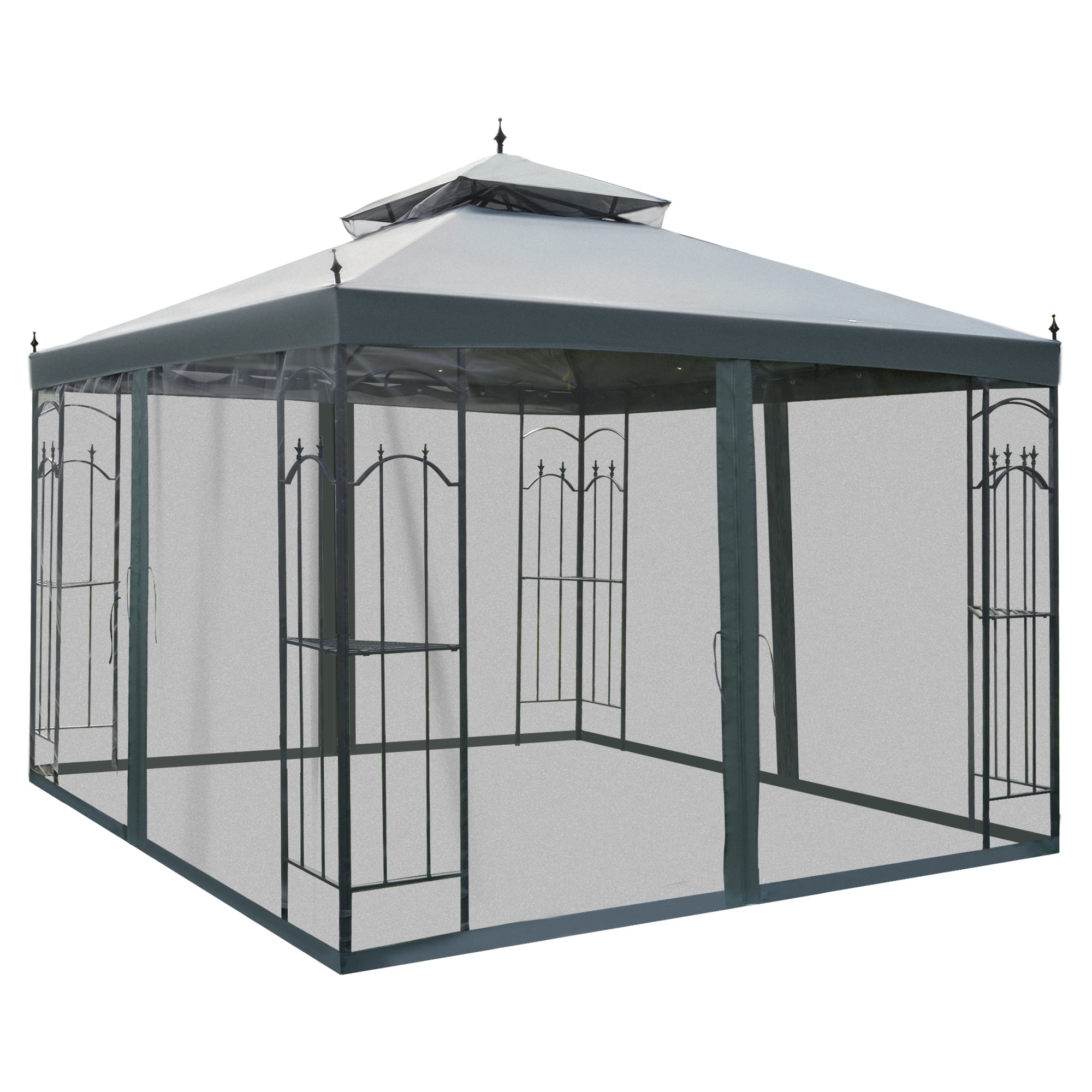 10' x 10' Patio Gazebo, Corner Frame Shelves, Two-Tier Canopy, Netting Sidewalls