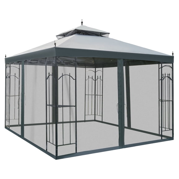 10' x 10' Patio Gazebo, Corner Frame Shelves, Two-Tier Canopy, Netting Sidewalls