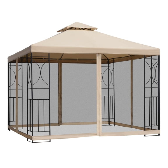 10' x 10' Patio Gazebowith Shelves, Outdoor Canopy with Netting, Weather-Resistant Roof & Storage Trays