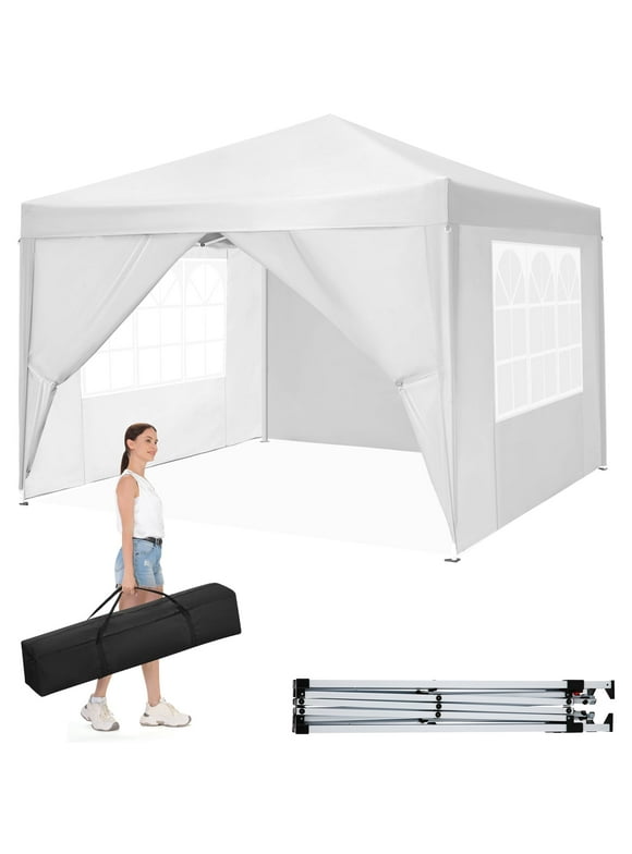 10'x 10' Pop up Canopy 1 Person Setup Canopy Portable Outdoor Party Instant Shelter with 4 Removable Sidewalls & Carrying Bag for Wedding Picnics Camping, White