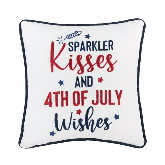 Patriotic "Sparkler Kisses & 4th of July Kisses" Embroidered Mini Square Accent Pillow, 10" x 10"