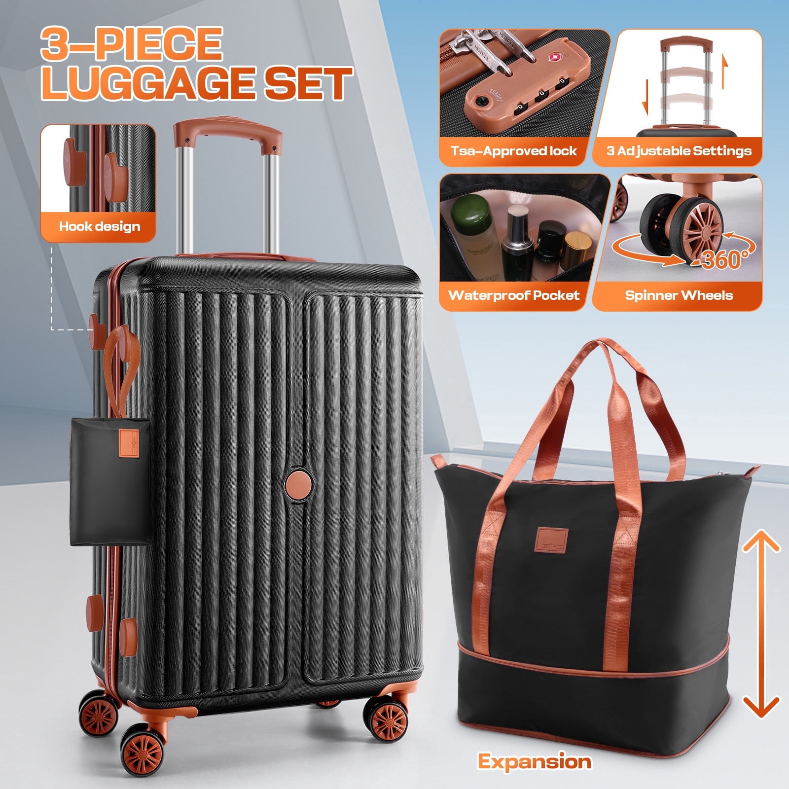 SANOPY 3-Piece Expandable Travel Set, 20" Carry-On + Cosmetic Bag + Versatile Duffle with Expansion Zipper, ABS+PC Durable, Secure & Quiet Wheels