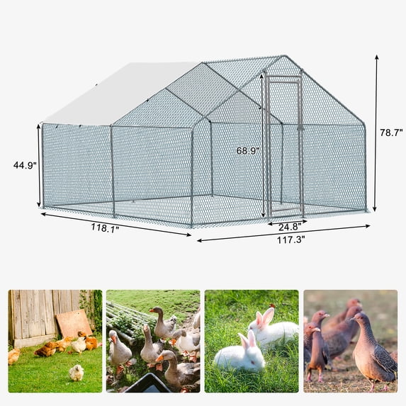 10 x 10 ft Large Metal Chicken Coop Walk-In Poultry Cage with Waterproof Cover, Galvanized Steel Frame Hexagonal Wire Mesh Secure Lockable Door for Outdoor Backyard Farm Garden, 120 x 120 x 79 inch