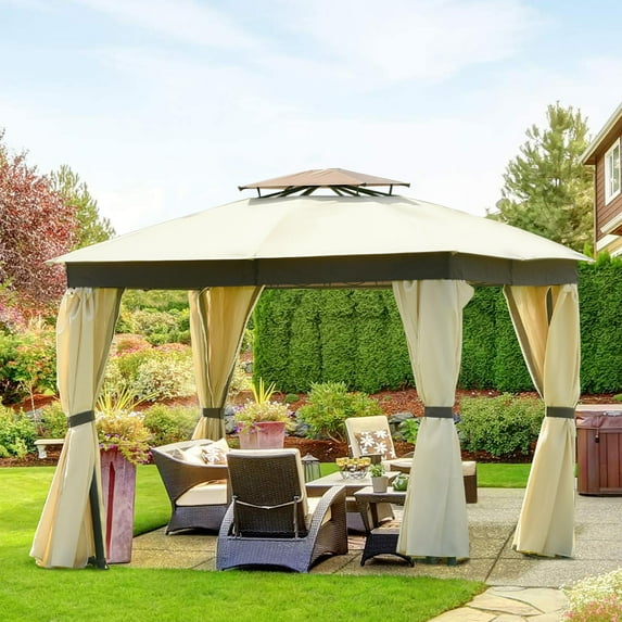 SYNGAR 10 x 10 ft Patio Gazebo, Outdoor Tent with Double Vented Roof and Mosquito Netting, Backyard Relaxing Gazebo Canopy for Shade and Rain, Perfect for Poolside, Deck, Garden, Khaki, D7930