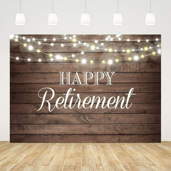 10 x 10 ft Shining Lights Wooden Happy Retirement Backdrop - Decorative Party Banner for Retirement Celebration, Rustic Wooden Design, Photo Booth Backdrop for Retirement Event, Durable & Stylish