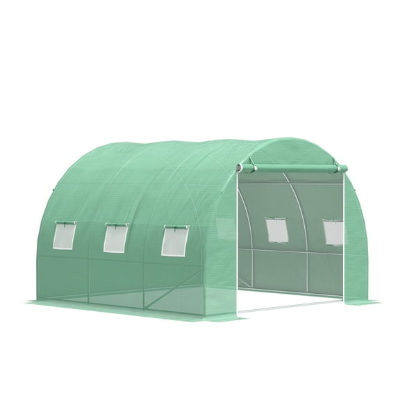10' x 10' x 6.5' Walk-in Tunnel Hoop Greenhouse, Polyethylene PE Cover, Steel Frame, Roll-Up Zipper Door & Windows for Flowers, Vegetables, Tropical Plants, Green