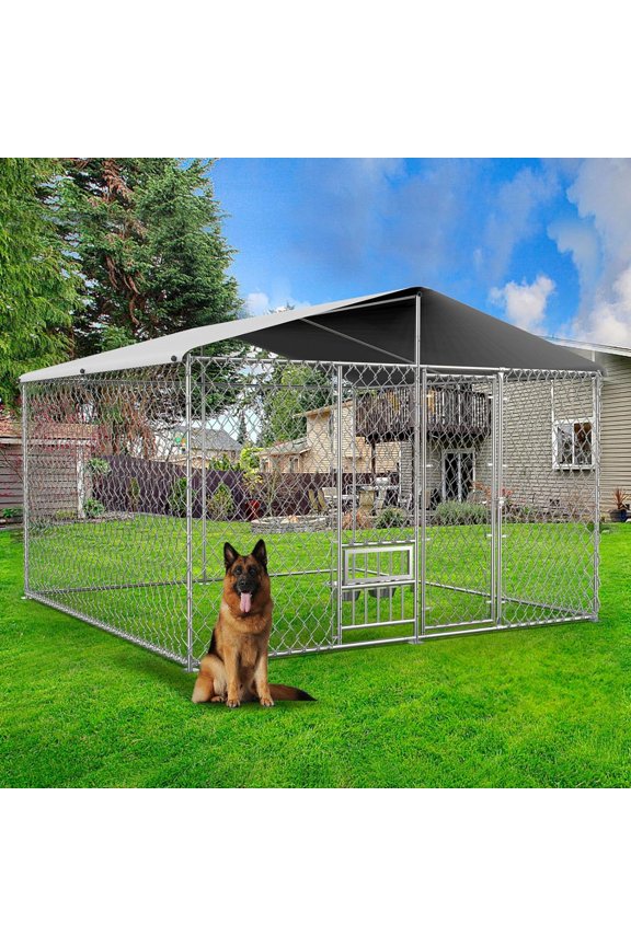 10 x 10 x 7 FT Outdoor Dog House, Dog Kennel Outside With Rainproof Roof, Waterproof Cover, Metal Ties, 360 Degree Rotating Feeding Device, Dog House For Garden, Backyard