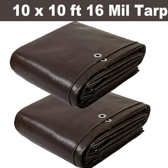 10 x 10ft Brwon 16 mil Tarps and Covers Waterproof Outdoor Extra Thick Tarpaulin, 2Pack