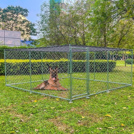 10 x 10ft Large Outdoor Dog Run Kennel, Outside Pet Enclosure with Galvanized Chain Link, Heavy Duty Dog Fence Cage with Doors and Removable Cover