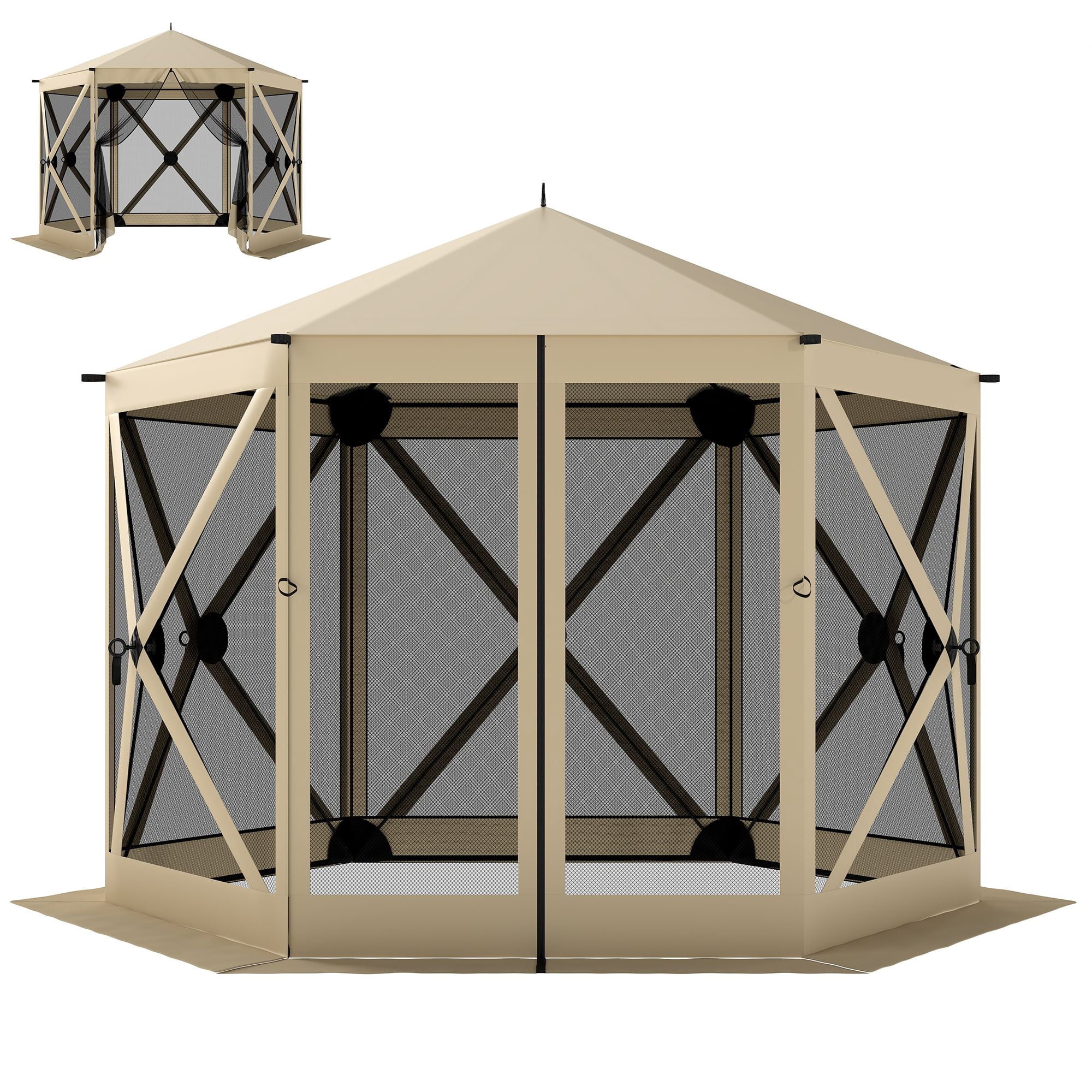 10 x 11 ft Pop Up Gazebo Screen Tent, Portable Instant Camping Canopy Screen House with Nettings, Carry Bag, Beige