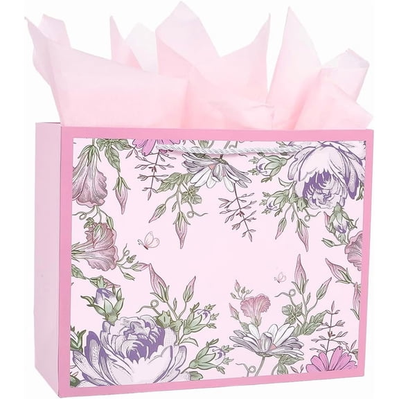 10 x 12.5 x 4.6 inch Pink Floral Gift Bags with Handles Flower Party Favor Bags 2Pcs Tissue Paper Rectangle Reusable Gift Wrap Box for Mother Anniversary Birthday Wedding Present Packaging diy