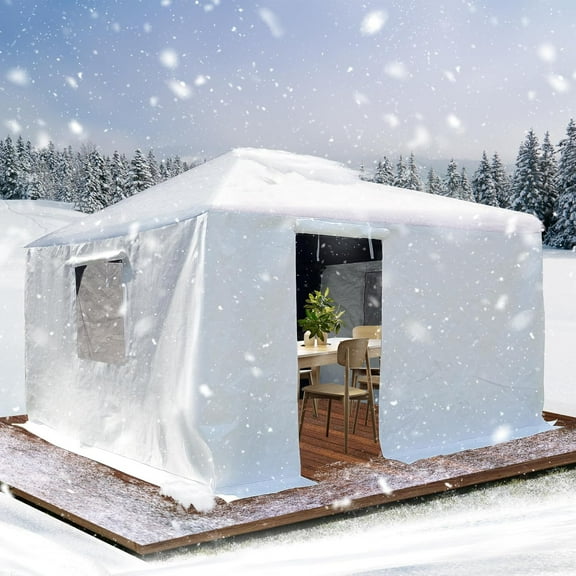 10 x 12 FT Outdoor Hardtop Gazebo Cover, Universal Winter Gazebo Cover with Sidewalls and Mesh Windows, All-Season Waterproof Enclosed Gazebo Cover Outside, White (Gazebo Not Included)