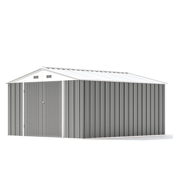 10 x 12 FT Outdoor Storage Shed with Double Hinged Large Door, Gray| Metal Sheds Outdoor Storage for Garden Utility Garden Shed with Lockable Door & Sloped Roof, Backyard, Patio and Backyard