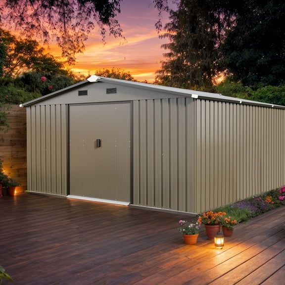 10 x 12 FT Outdoor Storage Shed, Large Steel Metal Garden Sheds with Lockable Door and 2 Translucent Windows, Surface Protective Film, Storage Tool House for Backyard, Garden, Patio, Lawn