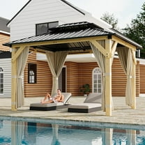10 x 12 Ft Wood Gazebo, Upgrade Wooden Frame, Double Galvanized Steel Roof, Hardtop Gazebo with Nettings and Curtains for Backyard, Patio, Garden and Lawn, Khaki