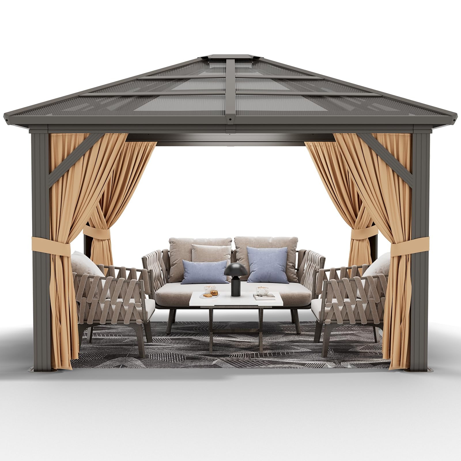 10' x 12' Hardtop Gazebo Outdoor Polycarbonate Patio Double Top Canopy Galvanized Iron Aluminum Column Garden Tent Curtains Netting for Backyards Decks Lawns