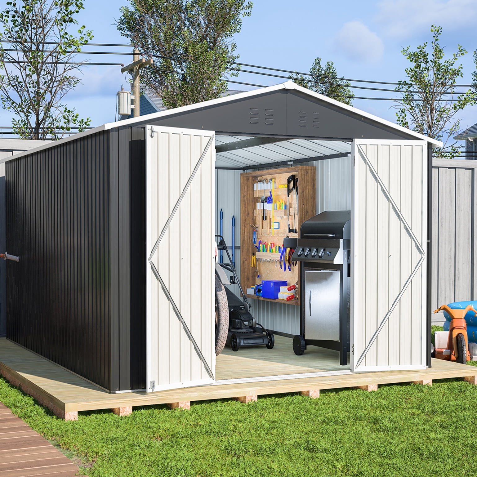 10' x 12' Outdoor Shed, Multipurpose Storage Shed Heavy-Duty Frame, Peak Garden Tool Shed w/Double Doors, Extra Large Size Metal Shed for Patio Lawn Yard