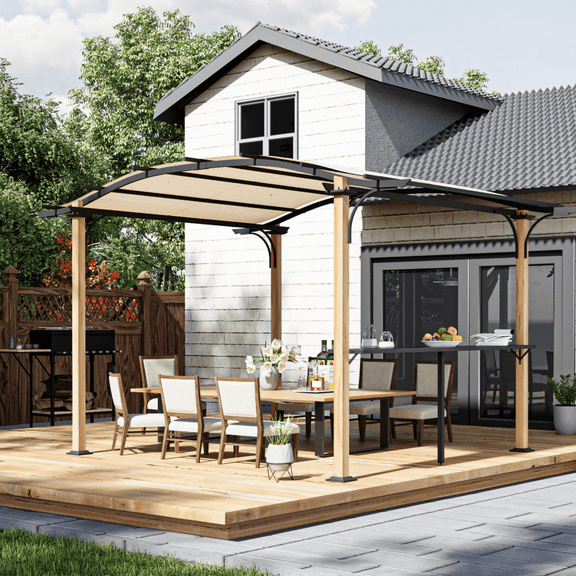 10' x 13' Arched Roof Outdoor Pergola, Aluminum Frame Canopy with Bar Counter, Natural Wood-Like Frame Patio Pergola Shade for Patio, Backyard, Garden