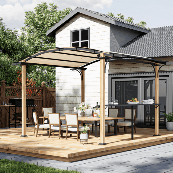 10' x 13' Arched Roof Outdoor Pergola, Aluminum Frame Canopy with Bar Counter, Natural Wood-Like Frame Patio Pergola Shade for Patio, Backyard, Garden
