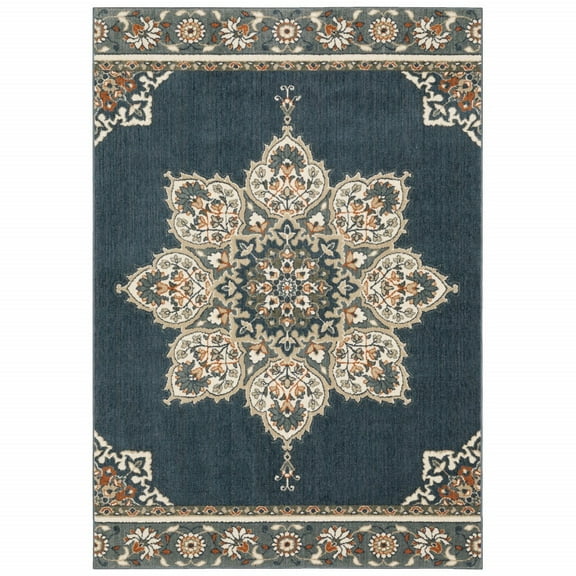10â€™ x 13â€™ Blue and Beige Floral Medallion Indoor Area Rug