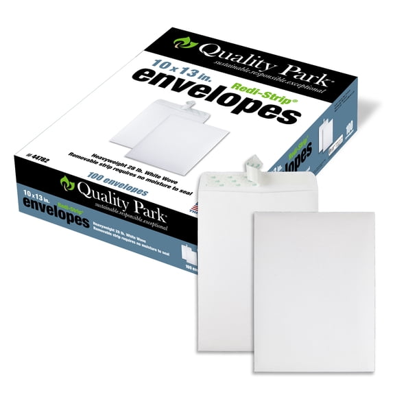 Quality Park Redi-Strip Business Mail Catalog Envelopes, 10 x 13, 28 lb, White Wove, 100/Box