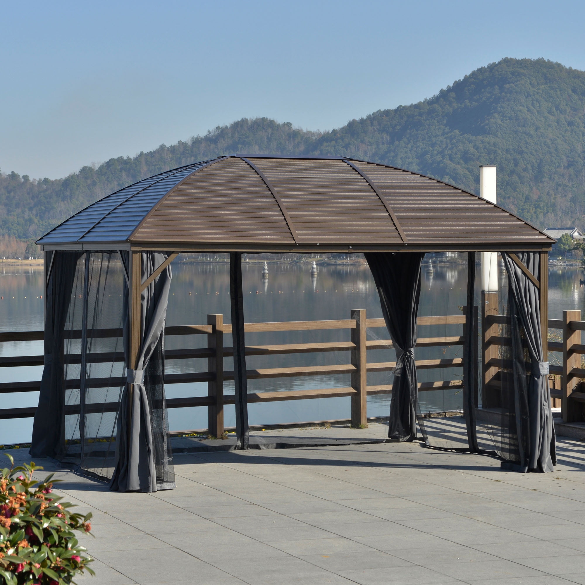 10' x 13' Hardtop Gazebo with Curtains, Netting, Pavilion with Steel Roof Ceiling Hook for Garden Patio, Gray