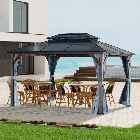10' x 13' Hardtop Wood Gazebo with Polycarbonate Double Roof Canopy, Sturdy Solid Wooden Framed Gazebo with Privacy Curtains and Mosquito Nettings, for Patio, Garden, Backyard, Black and Brown