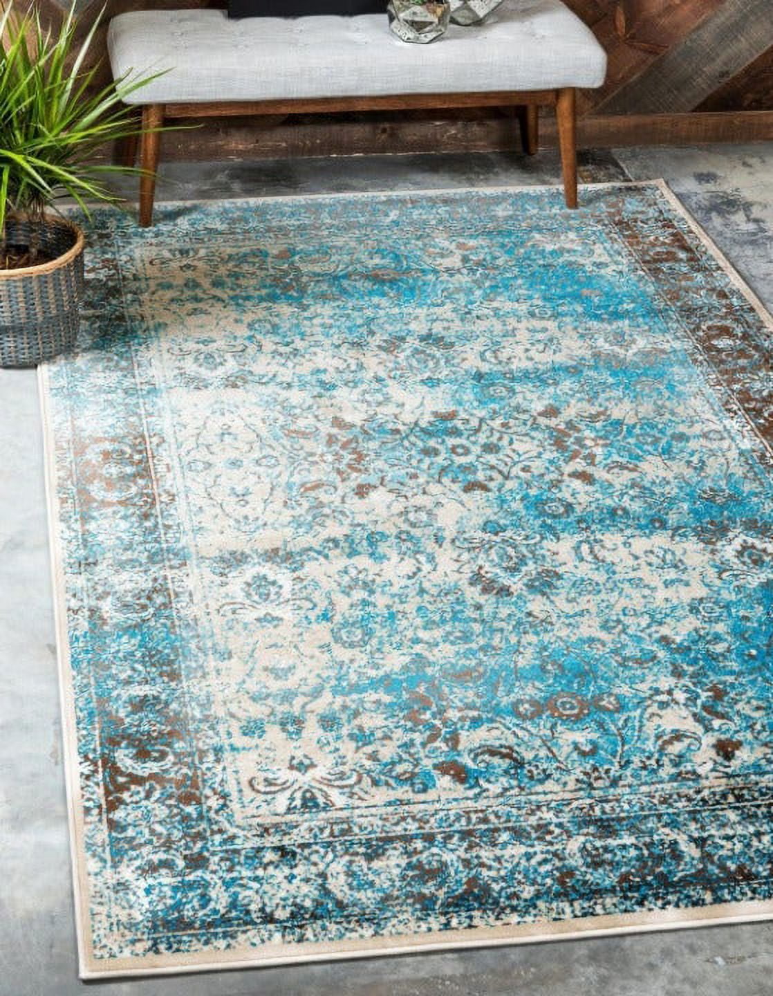 Ivory and Turquoise Floral Synthetic Rectangular Area Rug