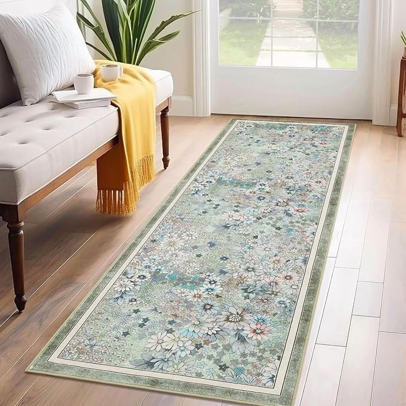 10'x 13' Runner Rug for Hallways Kitchen Non Slip Washable Rugs with Rubber Backing Soft Floral Carpet Runner for Hallways, Kitchen, Laundry, Bedroom, Bathroom-Green