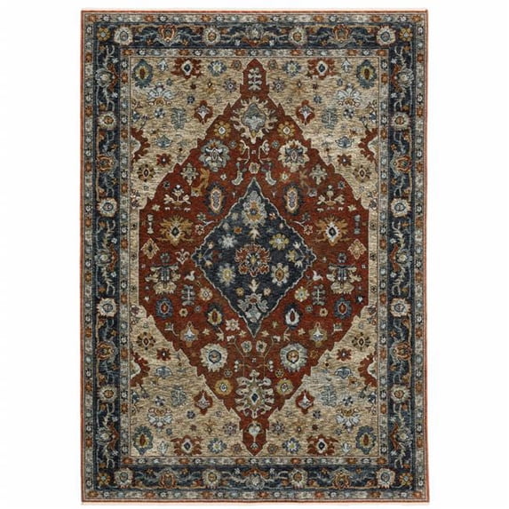 10 x 13 ft. Blue Beige Tan Brown Gold & Rust Red Oriental Power Loom Stain Resistant Rectangle Area Rug with Fringe