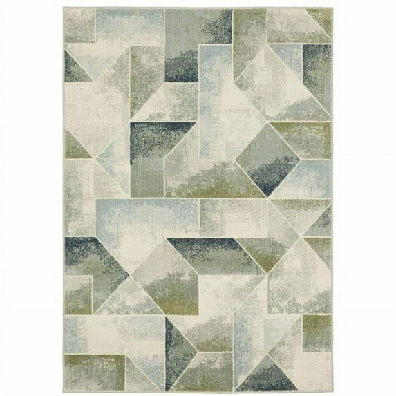 10 x 13 ft. Blue Green Gray Gold & Ivory Geometric Power Loom Stain Resistant Rectangle Area Rug
